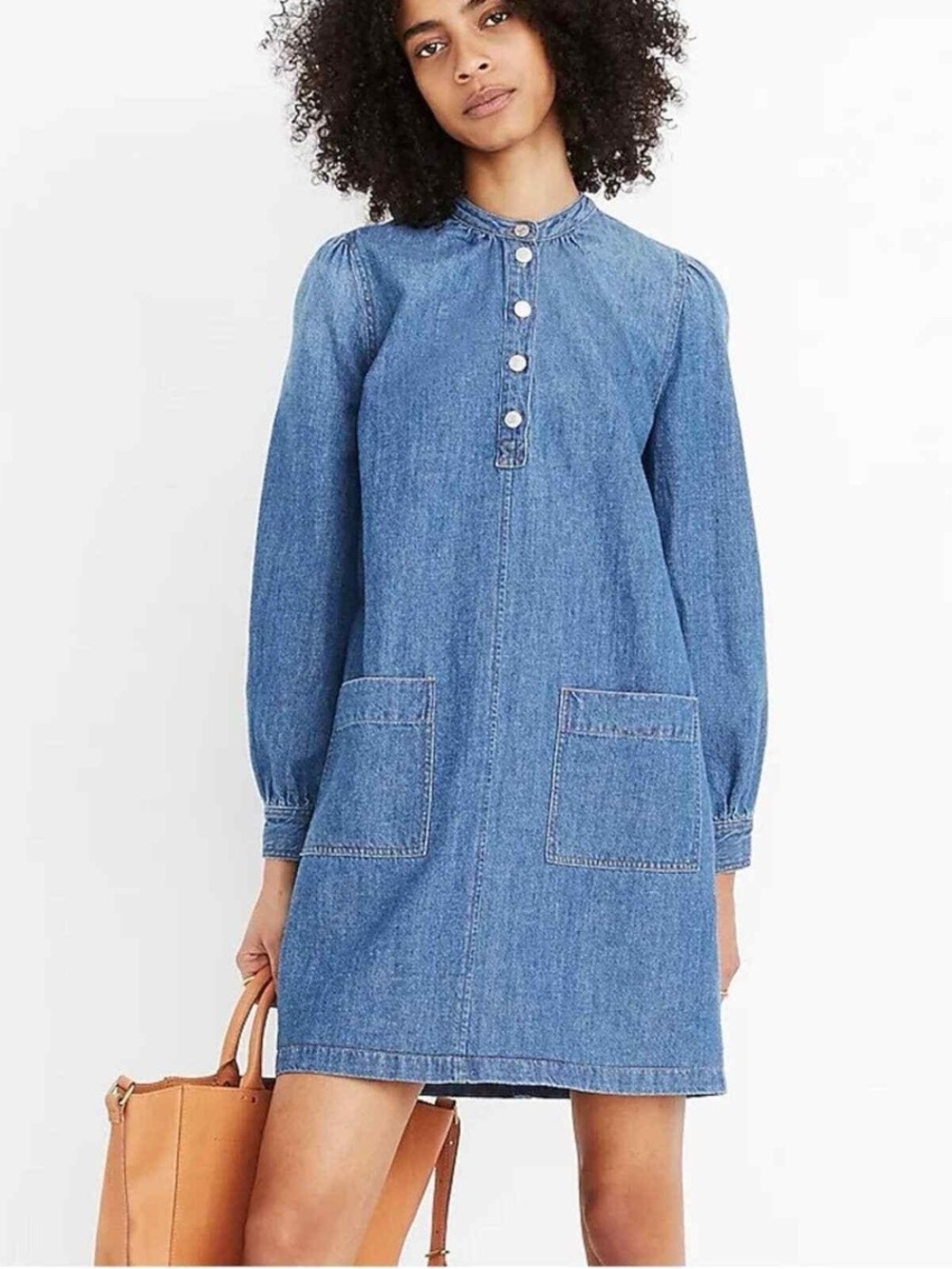 Madewell Classic Blue Denim Button-Front Long-Sleeve Dress | Large